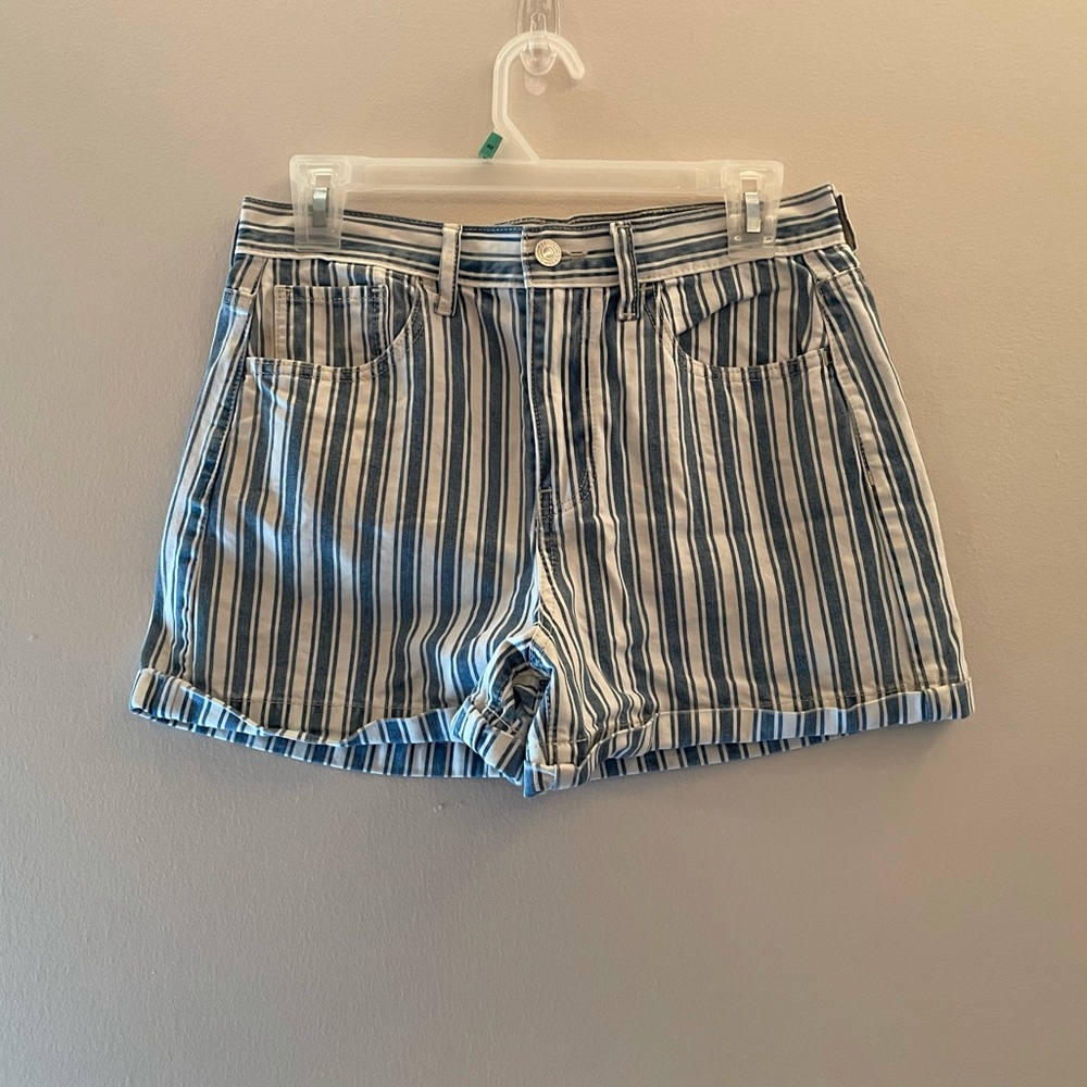 Blue and White Striped Jean Shorts